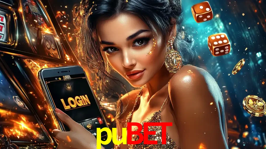 Mulher glamourosa segurando um celular com a tela de login do cassino pubet, rodeada por dados e moedas douradas, pronta para começar a diversão.