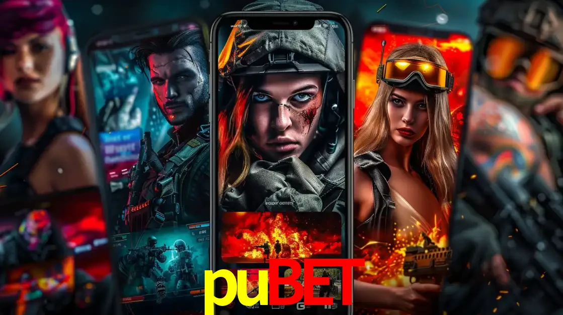 Montagem de telas de celular mostrando diversos personagens, masculinos e femininos, de um jogo de tiro, ilustrando a diversidade de equipes de e-sports para apostar no pubet.