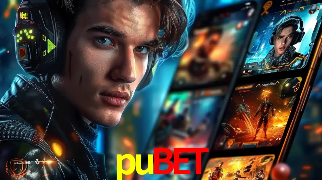 Jovem jogador com fones de ouvido olhando para a câmera, com um aplicativo de jogos e e-sports para celular ao fundo, pronto para a competição e apostas no pubet.