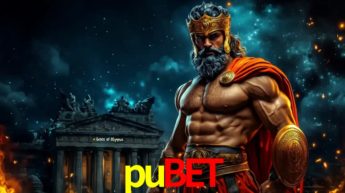 O poderoso Zeus do jogo de slot Gates of Olympus em frente ao seu templo, pronto para lançar multiplicadores divinos e prêmios épicos no cassino online pubet.