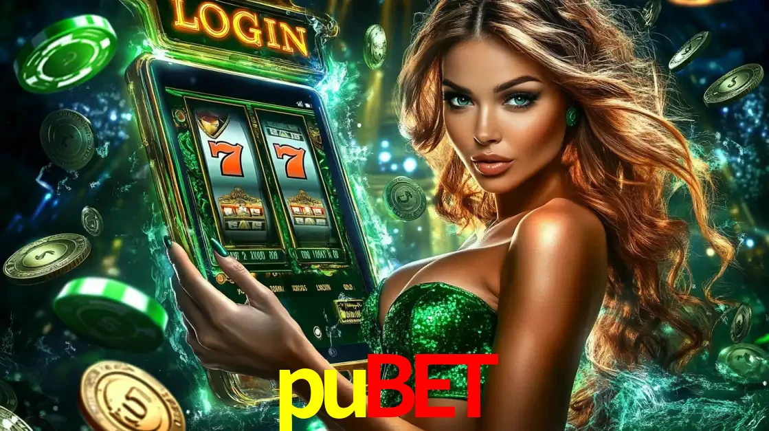 Mulher com tema verde apresentando o aplicativo do cassino pubet com um jogo de slot de 777, cercada por fichas de cassino e uma aura de sorte.