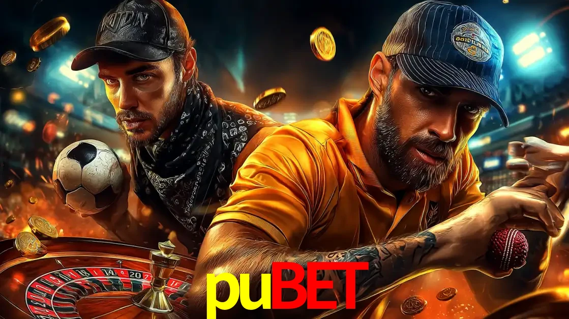 Montagem de apostas esportivas e cassino no pubet, com um homem segurando uma bola de futebol e outro uma de beisebol sobre uma roleta e moedas voadoras.