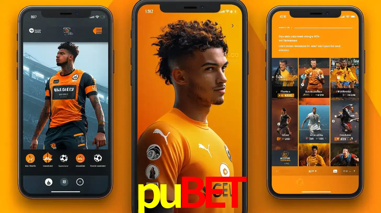 Interface do aplicativo de apostas esportivas pubet em três telas de celular, mostrando o perfil de um jogador de futebol e a lista de jogos disponíveis para apostar.