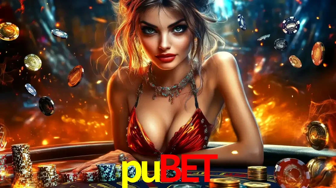 Mulher em uma mesa de cassino com pilhas de fichas e um fundo de fogo, pronta para uma rodada de altas apostas nos jogos de mesa emocionantes do cassino pubet.