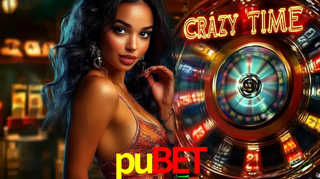 Mulher elegante ao lado da vibrante roda da fortuna do jogo de cassino ao vivo Crazy Time, um dos game shows mais populares e cheios de prêmios do pubet.