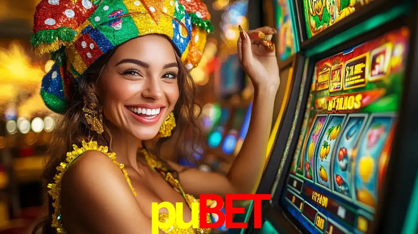 Mulher feliz com traje de carnaval amarelo e colorido ao lado de uma máquina de caça-níqueis, aproveitando a diversão e os jogos temáticos do cassino pubet.