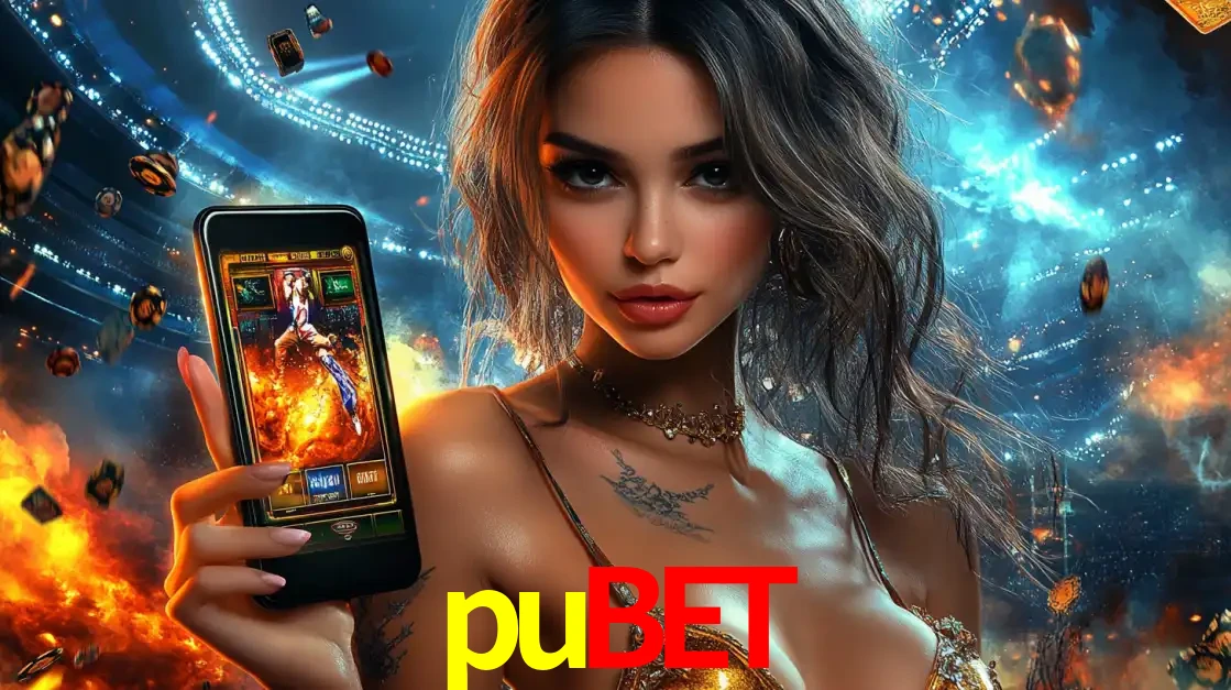 Mulher segurando um celular com um jogo de slot em destaque, tendo como fundo um estádio vibrante, simbolizando a emoção de jogar no cassino móvel pubet.