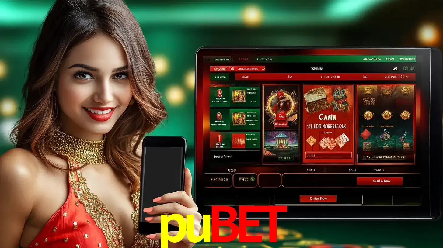 Mulher sorridente segurando um smartphone, ao lado de uma tela exibindo o lobby de jogos do cassino online pubet, com várias opções de jogos de cartas e slots.